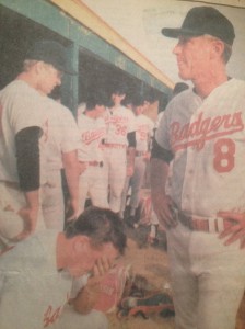 Black hatted Badgers express emotions after the last out, May 10, 1991.